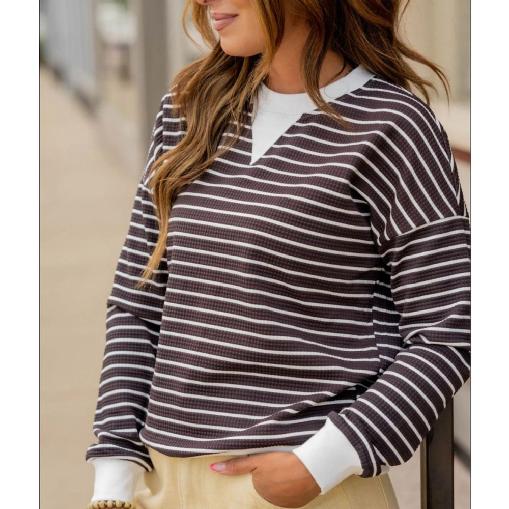 Women's Staccato Brown White Striped Waffle Knit Pullover Top Size S
